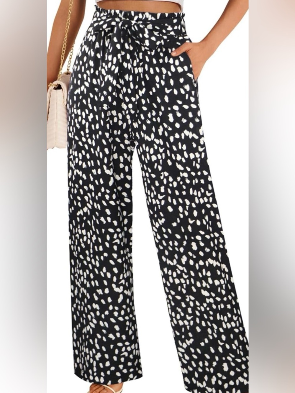 Women’s Wide Leg Pants with Tie Waist - Black/White